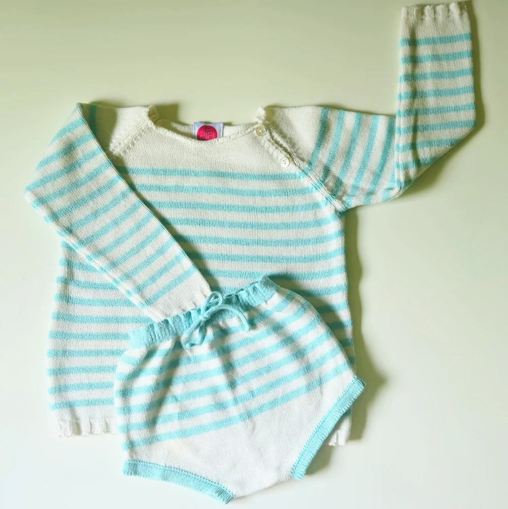 Vintage Baby Knitwear Set – Blue & White Striped Sweater And Bloomer